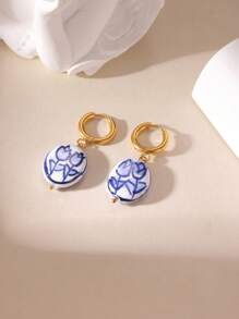 GEREIT 1 Pair Vintage Blue & White Porcelain Tulip 18K Gold Stainless Steel Dangle Earrings, Suitable For Women's Daily Accessories