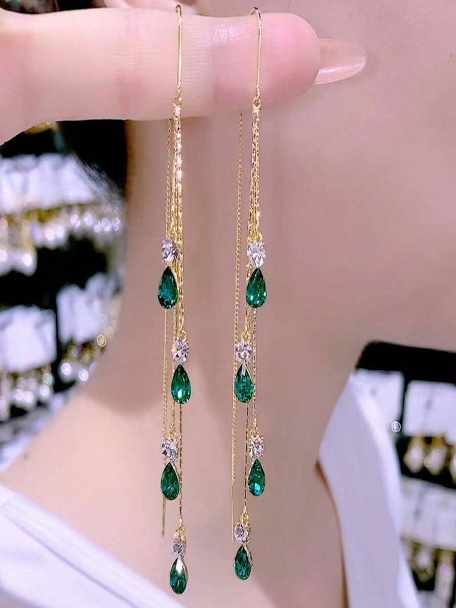 1 Pair Fashion Rhinestone Water Drop Long Tassel Ear Chain Earrings, Versatile Personalized Design For Women - Multicolor - View 1