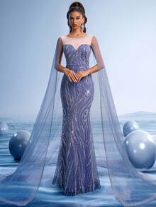 GIFORU Impresionante vestido de noche azul marino bordado con detalles de lentejuelas y capa fluida - Vestido formal elegante para bodas, galas y ocasiones especiales, vestido de fiesta, para invitados de boda - Neblina azul - Ver 7