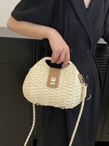 Bolso de mujer minimalista y de moda con diseño tejido de conchas, bolso de hombro/bandolera portátil con cierre de giro, adecuado para vacaciones y viajes