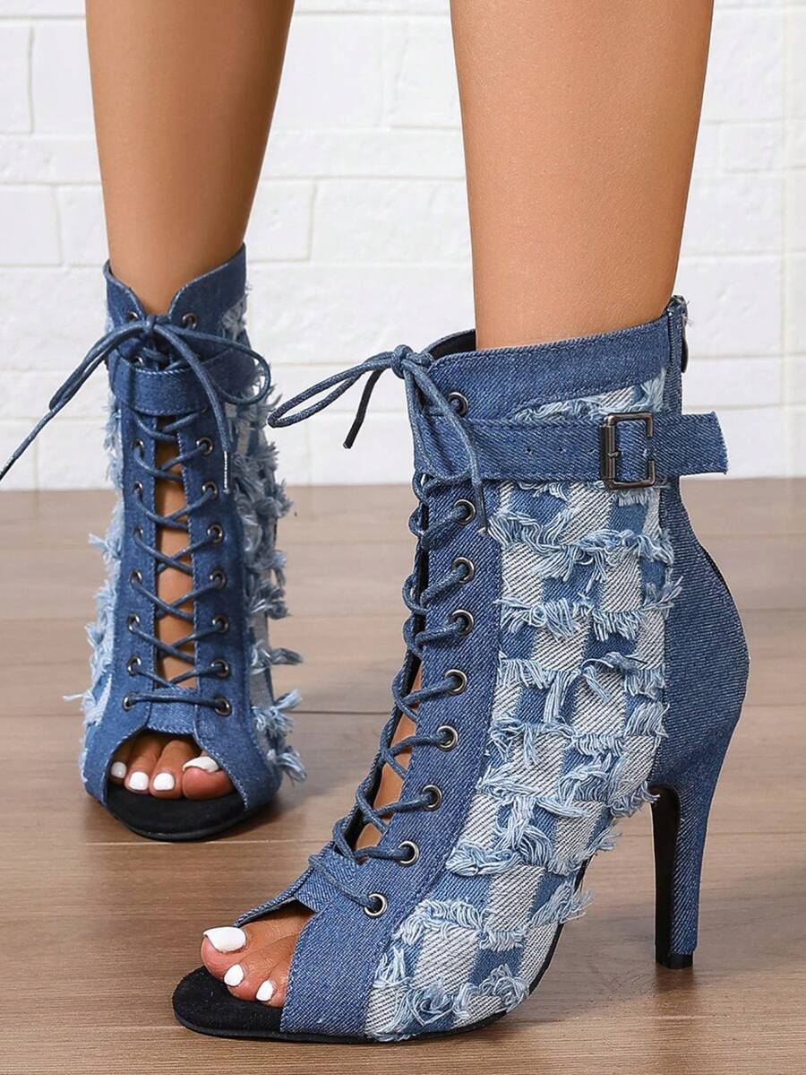Botas de tacón alto de punta abierta azules para mujer, estilo británico casual, con suela de goma suave, diseño de cordones, cierre de cremallera trasera, elegantes sandalias de tacón alto de verano para exteriores, con textura de agrietado gótico y sexy, aptas para fiesta, exterior, gimnasio, vacaciones y todas las estaciones. - Azul - Ver 1