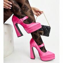 Zapatos de tacón alto con plataforma y punta fina de unicolor elegante y sencillo - Rosa - Ver 3