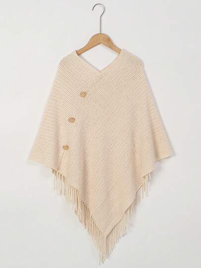 1pc Women Solid Color Button Tassel Knitted Shawl Poncho, Warm And Fashionable For Casual, Vacation And Daily Use For Dress