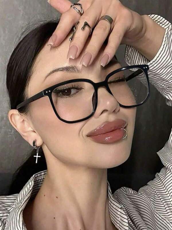 1pc Women's Large Plastic Frame Square Studs Casual Street Fashion Chic Flat Top Stylish Glasses, Perfect For Dates, Library, Writing, Reading