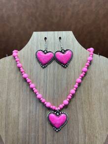 Boho Style Heart Beaded Necklace And Matching Heart Shaped Earrings, Vintage Fashion Jewelry Set For Women, Girls, Daily Outfit, Party Accessories, Jewelry, Gift For Family/Friends/Yourself