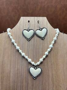 Boho Style Heart Beaded Necklace And Matching Heart Shaped Earrings, Vintage Fashion Jewelry Set For Women, Girls, Daily Outfit, Party Accessories, Jewelry, Gift For Family/Friends/Yourself