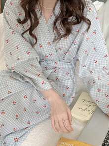 1 件女士简约欧美风格长袖浴袍，蓝色格子印花甜美可爱简约轻便浴袍，春秋开学 - 藍色 - 查看 5