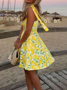 Vestidos de moda elegantes y casuales de estilo resort para mujer en primavera y verano con diseño de estampado de limón, sin tirantes, con nudo, sin mangas, escote halter y línea A, en mini longitud