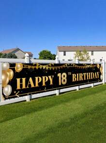 1pc Black Gold Balloon Pattern Happy 18th 30th 40th 50th 60th Birthday Banner, 18th Birthday Party Background Decoration Supplies, 30th Birthday Party Favor, 40th Birthday Decor Birthday Backdrop, 50th Birthday Gift, 60th Birthday Home Decor Room Decor Birthday Background Cloth, Indoor Outdoor Fence Banner