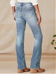 Women's Vintage Washed Floral Embroidered Pockets Denim Jeans, Autumn - Blue - View 3