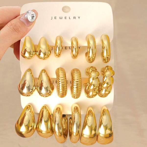 6-18pcs Set Fashionable Gold-Tone Exaggerated CCB Hoop Earrings