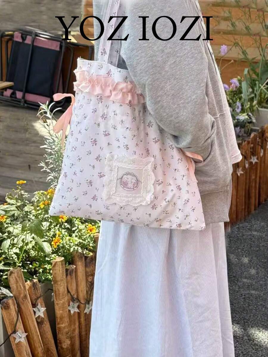 精品蝴蝶结波点托特包，甜美少女风格抽绳荷叶边大容量单肩包，适合学生、学院、通勤 - 米色 - 查看 1