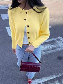 جاكيت كارديجان محبوكة بأكمام راجلان وأزرار، بياقة دائرية، بأكمام طويلة، لون أصفر زبدي، للنساء في الربيع والصيف والخريف، للاستخدام اليومي