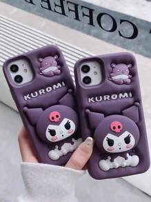 Sanrio Nuevo Estuche de silicona para teléfono Sanrio Kuromi compatible con iPhone 6-16 Pro Max - Diseño de dibujos animados lindo | Carcasa suave a prueba de golpes - Compatible con iPhone 13/14/15 | Soporte telescópico de escritorio - Cubierta protectora, estilo Kawaii