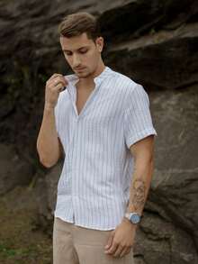 Men's Short Sleeve Shirt With Priest Collar Premium Quality Light And Fresh Fabric Easy To Iron - 彩色 - 查看 1