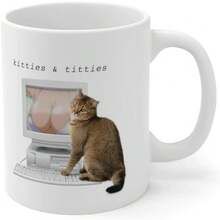 Kitties And  Coffee Mug - Funny Anime Meme Mug 11oz, Cat Looking At Anime Boobs On A Computer Novelty Humor Gag Gift For Adults 1Pc 11oz Vintage Funny Gift Ceramic Mug Water Cup Coffee Cup Father's Day Mother's Day, Christmas Easter Gift For Children Teenagers Boys Girls Parents Elderly Stepfather Stepmother Stepson Stepdaughter Grandfather Grandmother - default - View 3