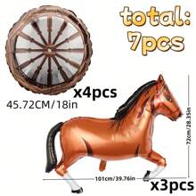 7pcs Western Cowboy Theme Horse Carriage Wheel Aluminum Foil Balloon Set, Irregular Brown Horse & Carriage Wheel Aluminum Foil Balloons, Suitable For Birthday Party, Theme Party, Anniversary, Equestrian Race, Retro, Outdoor Events, Holidays Decoration