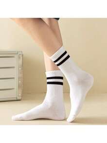 4 Pairs White Patterned Unisex Sports Socks, Mid-Calf Socks, Spring/Summer Holiday Gift, Autumn - White - View 2