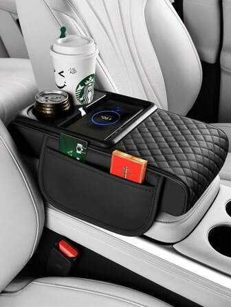 1件全新无线充电车载扶手箱垫，收纳多功能扶手箱增高垫，手机充电一体式，双杯架，纸巾收纳，增高垫，侧边收纳，无线充电区。多种款式，车内通用，男女款，黑色、咖啡色、灰色、米色、红色、橙色，男士礼品，女士礼品，商务休闲派对活动，女士节日收纳整理器，旅行必备，返校宿舍收纳，秋季装饰