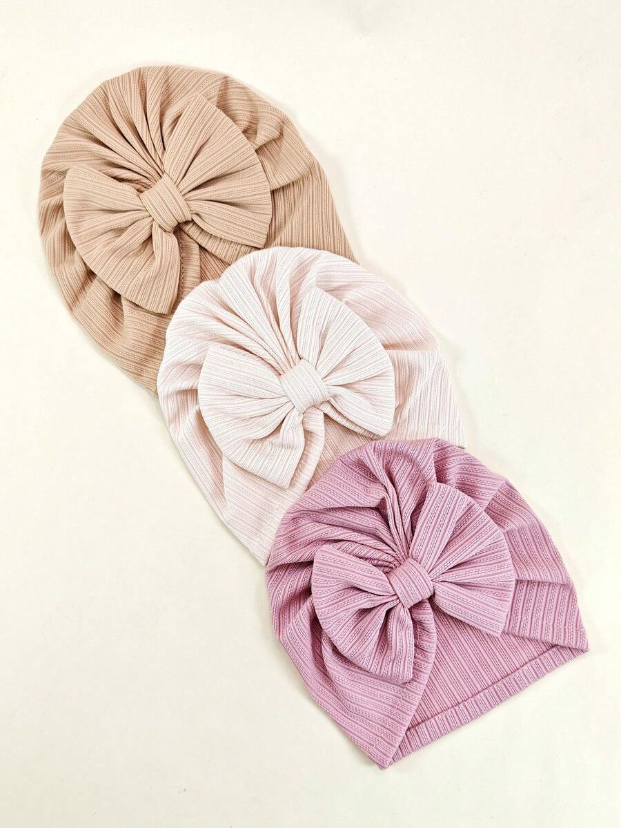 Set de 3 gorros de bebé recién nacido en unicolor, elásticos, con venda de moño - Multicolor - Ver 1