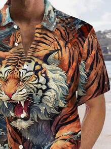 Camisa de manga corta con bolsillo con estampado vintage de tigre ukiyo-e para hombre de talla grande