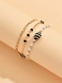 3pcs Set Summer Beach Style Beaded Gold Color Anklet, Fashion Natural Seashell Jewelry For Women, Suitable For Daily Outfit, Beach Holiday Travel