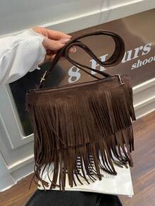 1 pieza Bolso de mano informal de verano de color café con cremallera suave de piel sintética, volantes decorativos, unicolor versátil y elegante, adecuado para uso diario de mujeres - Café - Ver 6