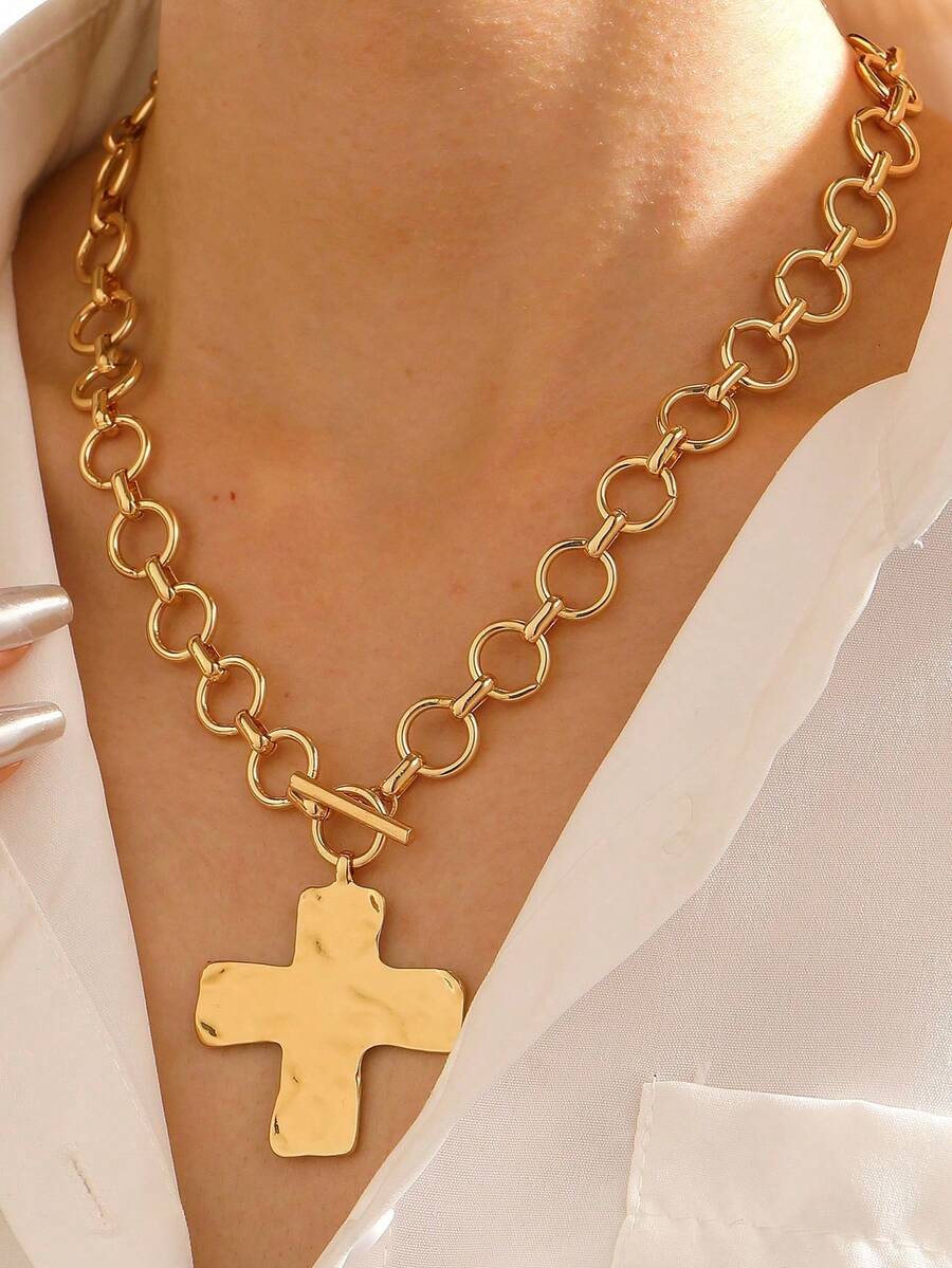 1pc 2025 New Cross Necklace For Women, Minimalist Fashion Jewelry Ideal For Daily Wear, Available In Gold And Silver Color - Necklace - View 1