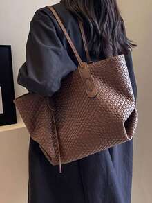 Dedoo 女士多功能纯色编织图案PU皮革手提包，简约大容量顶部提手单肩包，休闲轻便通勤手提包，适合日常办公，时尚防水方形户外旅行购物斜挎包 - 咖啡棕 - 查看 5
