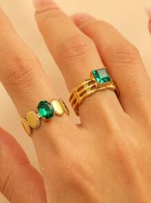 Elegant Vintage-Style 18K Gold-Plated Stainless Steel Inlaid Emerald Green Glass Heart Geometric Ring, Fashion Jewelry Versatile For Daily And Party Wear