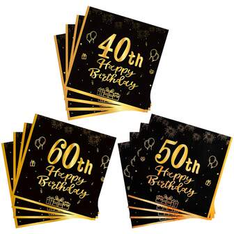 20Pcs Black And Gold 40/50/60th Birthday Party Napkins -2-Layer Disposable Tissue, Suitable For Celebratory Events, Men's And Women's Birthdays, Anniversaries, Table Decoration And Decoration Supplies