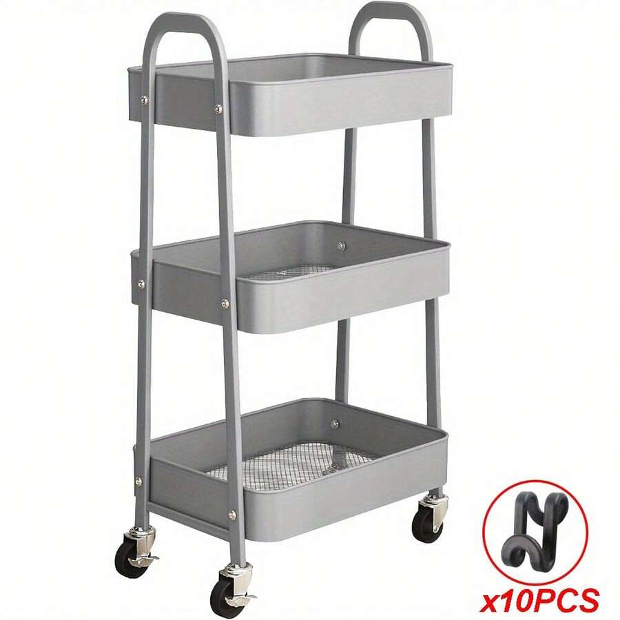 3 Tier Metal Multipurpose Wheeled Storage Tray Carts - 3 Colours Available - Grey - View 1