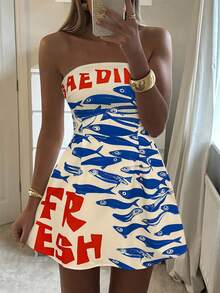 波西米亚风女装春夏时尚休闲优雅度假风撞色英文字母拉丁鱼印花露肩连衣裙 - 藍色 - 查看 3