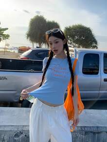 女士夏季字母图案短袖T恤 - 藍色 - 查看 9