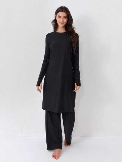 VFJ Muslim Plus Women's Burkini 2 Pieces Swimsuit Full Coverage Swimsuit With Islamic Headpiece Swim Burkini Swimsuit Solid Color