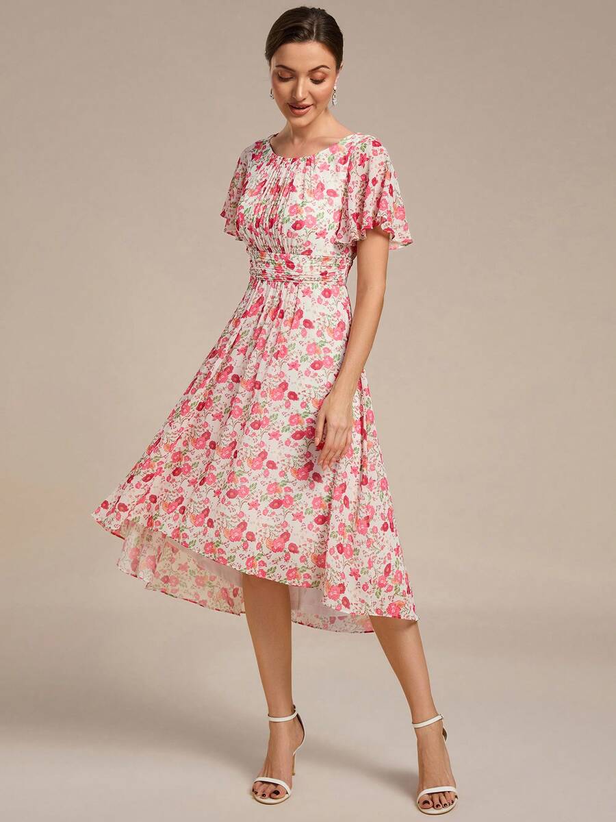EVERPRETTY Váy phù dâu voan xếp ly họa tiết hoa tay bèo nhún thanh lịch dành cho nữ mùa thu Váy dự tiệc cưới trang trọng cho khách dự tiệc cưới - Hồng - Xem 1