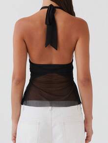 Women Sleeveless Halter Tops Summer Beach Vacation Tops Tie Up Backless Sheer Mesh Split Shirts For Streetwear Aesthetic Grunge Clothes - 黑色 - 查看 4