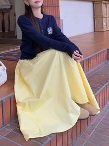 Dopamine Midi A-Line Flared Skirt, High Waist Casual Pleated Skirt For Petite Women, Summer, Yellow