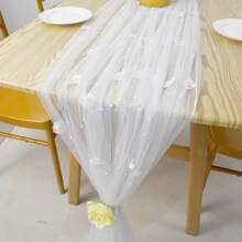 1 pieza Mantel de mesa con encaje y flor blanca, decoración de mesa de boda al aire libre romántica con perlas y flores, decoración de mesa para fiesta, banquete, postre, mantel traslúcido de gasa para arco de cumpleaños y fiesta