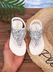 New Summer Fashion For Toddlers/Little Girls In 2025: Large Rhinestone Decorated, Flat-Bottomed, Anti-Slip Round-Toed Slippers, Suitable For Beach And Home Wear