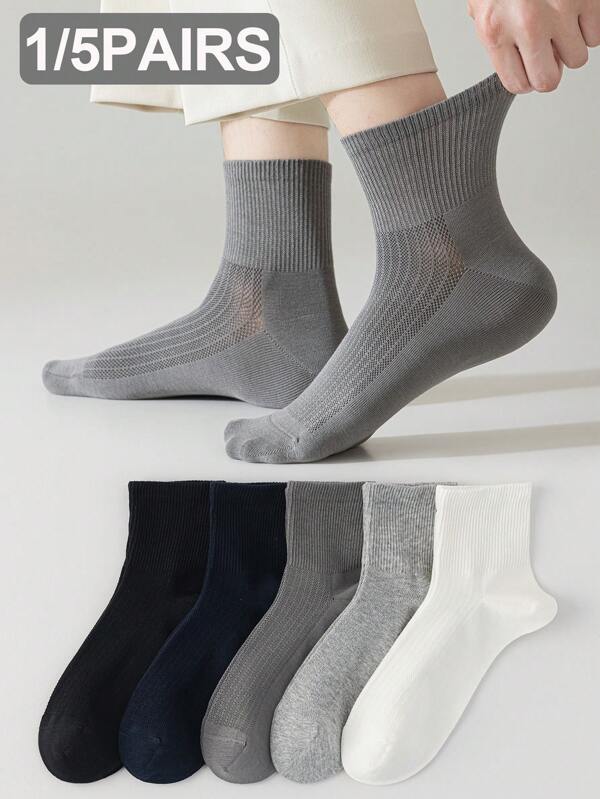 1/5 pares de meias masculinas respiráveis de malha, cor sólida, casuais, esportivas, de cano médio, leves para primavera e verão