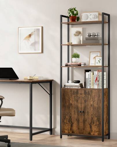 6-Tier Bookcase, Tall Bookshelf With Door, Metal Frame, Adjustable Shelves, 24 X 60 X 159.5 Cm, Living Room Bedroom, Rustic Brown And Ink Black