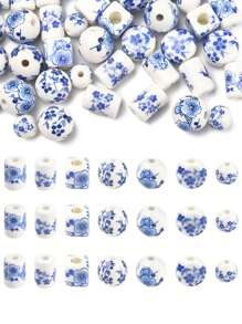 1 Set handgemachte Porzellanperlen, rund/gemischte Formen/säulenförmig mit Blumenmuster, gemischte Farben