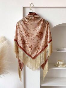 1 pezzo Sciarpa triangolare con stampa floreale e nappe, adatta per abbinamenti casual e da strada con abiti