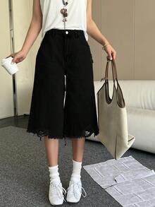 Women's Distressed Asymmetrical Hem Denim Capri Shorts - Black - View 6