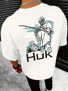 [HUK Fishing Tee] HUK Cotton Graphic T-Shirt | Men's Blue Casual Short Sleeve With Fishing Illustration, Loose Round Neck Tee For Casual Attire & Gifts, Fishing Shirt,Summer Men Vacation Outfits,Men Vacation,Graphic Tees Men,Father's Day Gift,A Great Gift - White - View 1