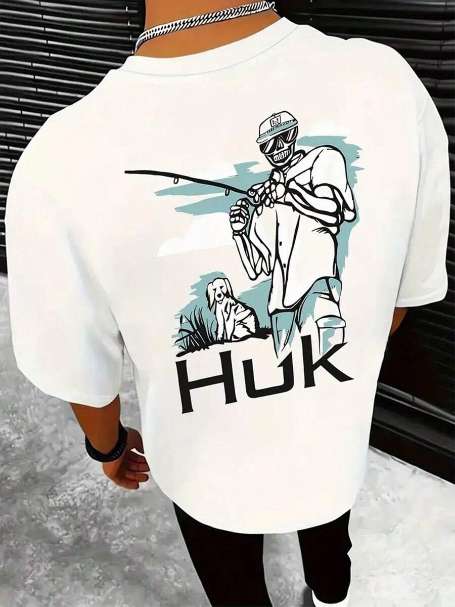 [HUK Fishing Tee] HUK Cotton Graphic T-Shirt | Men's Blue Casual Short Sleeve With Fishing Illustration, Loose Round Neck Tee For Casual Attire & Gifts, Fishing Shirt,Summer Men Vacation Outfits,Men Vacation,Graphic Tees Men,Father's Day Gift,A Great Gift - White - View 1
