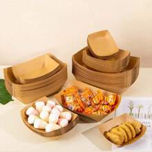 30/50pcs Disposable Kraft Brown Paper Food Trays, Oil-Proof Food Paper Tray Kraft Paper Boat Box, Portable Food Paper Tray For Family Picnic, Suitable For French Fries, Corn Flakes Snacks, Hot Dogs, Taco BBQ, Popcorn Parties, Picnics, Wedding Parties, Multi-Purpose Baking Tool, Kitchen Essentials, Kitchen Accessories (Brown)