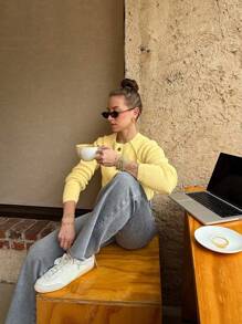 جاكيت كارديجان محبوكة بأكمام راجلان وأزرار، بياقة دائرية، بأكمام طويلة، لون أصفر زبدي، للنساء في الربيع والصيف والخريف، للاستخدام اليومي