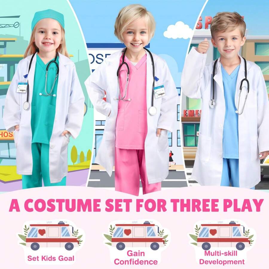 6pcs/7pcs Doctor Costume Set, Surgeon Outfit, Children Doctor Costume, 7PCS Includes Kids Decoration Glasses Medical Dress Up Costume For Boys Girls, Nurse Uniform And Accessories, Halloween Doctor Party Costume, Professional Doctor Outfit For Kids, Gifts For Boys And Girls (Without Stethoscope, Random Accessory Color)